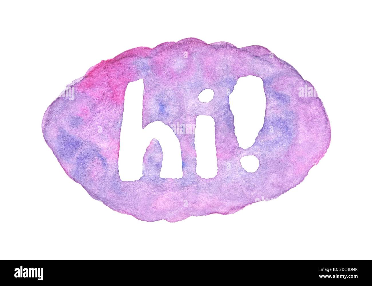 Verspieltes Aquarelldesign mit handgeschriebenem Hi in lila und rosa Tönen Stockfoto