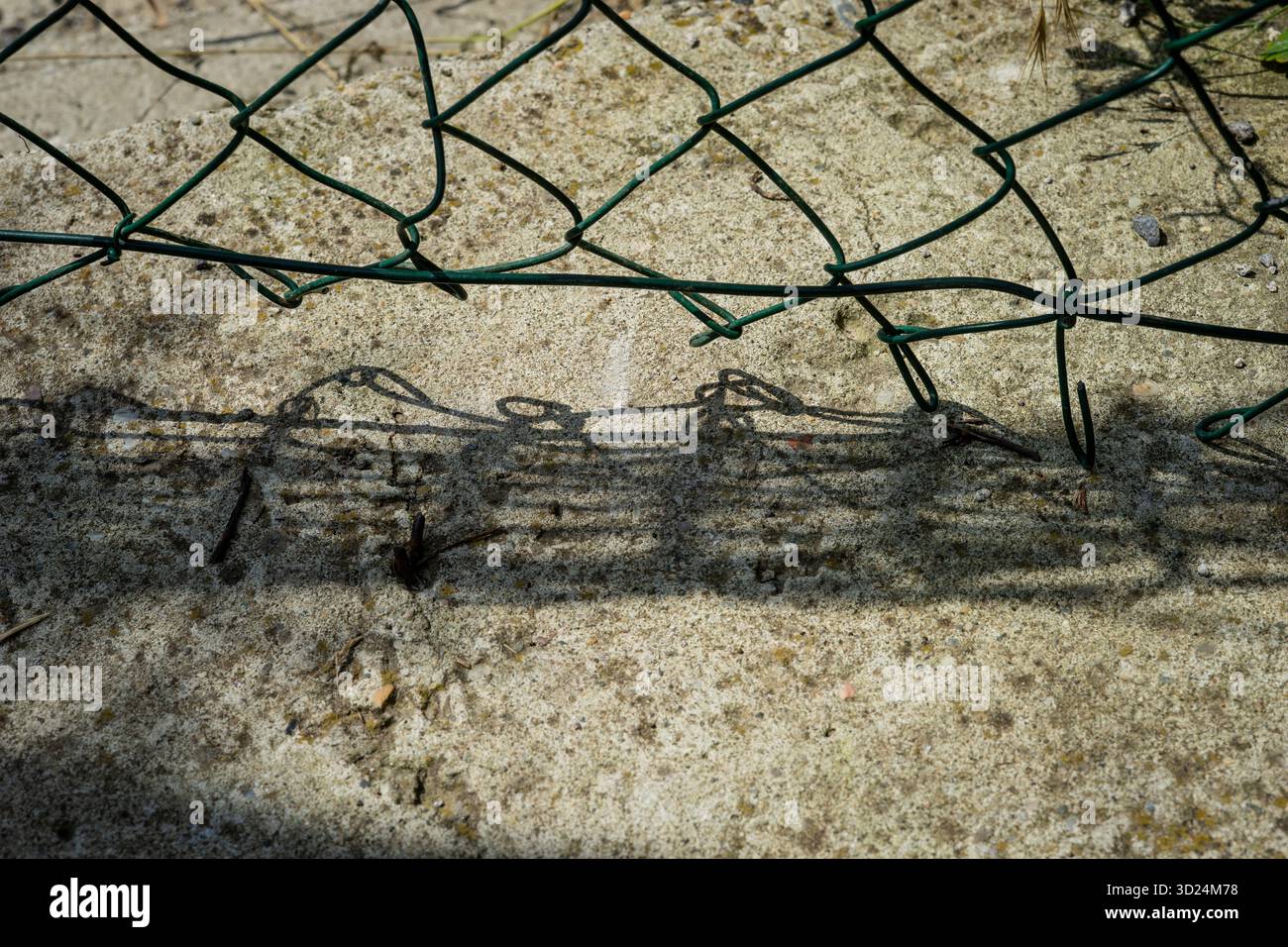 Gebrochener grüner Metallzaun, der bei Sonnenlicht einen geometrischen Schatten auf raue Betonoberfläche wirft. Stockfoto