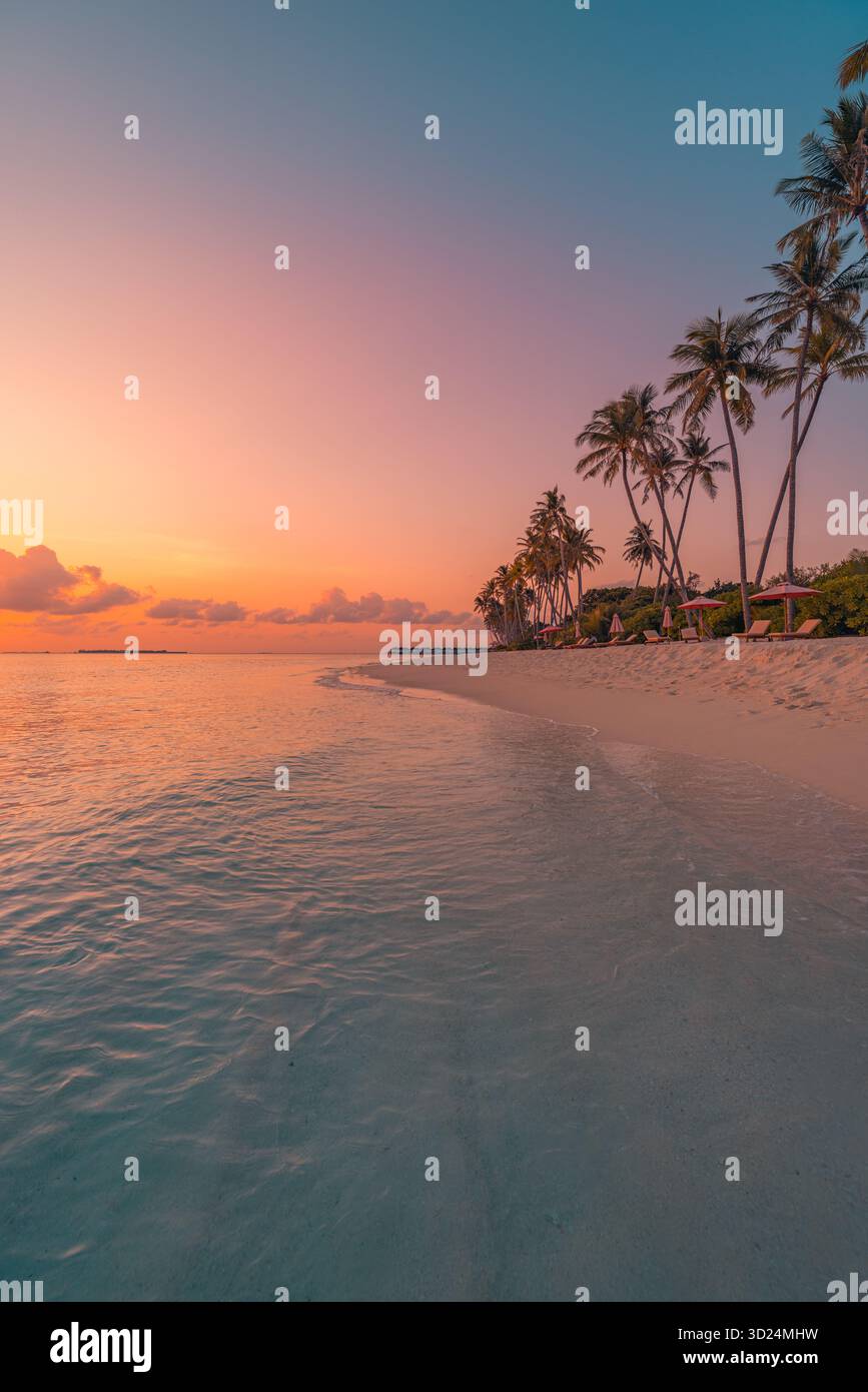 Traumhafter tropischer Inselstrand Sonnenuntergang mit unberührtem Meer, farbenfrohen romantischen Himmelspalmen ruhige paradiesische Atmosphäre. Friedliche, ruhige Küste mit exotischer Küste Stockfoto