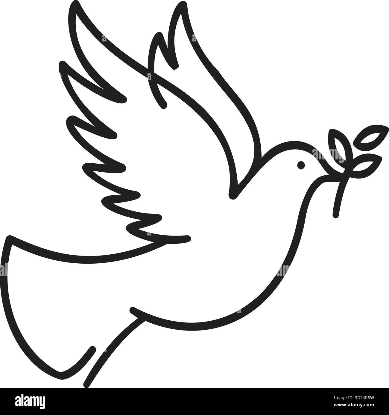 Diese umrissene Abbildung zeigt eine Taube in der Mitte des Fluges, die anmutig einen Olivenzweig im Schnabel hält. Das schlichte, aber elegante Design verkörpert Themen Stock Vektor
