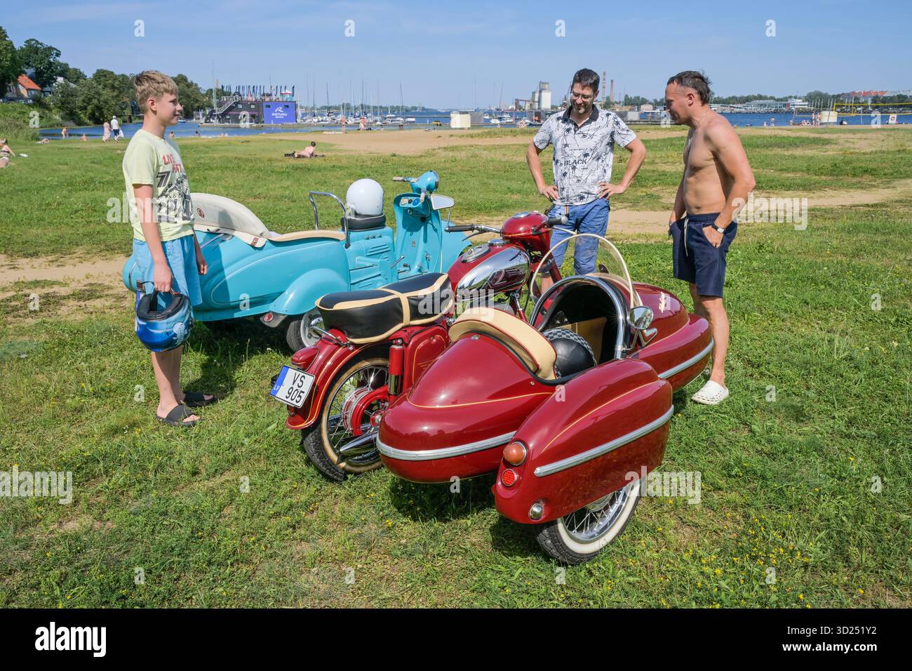 Oldtimer, alte Motorräder, Beiwagen Insel Kipsala, Riga, Lettland Stockfoto