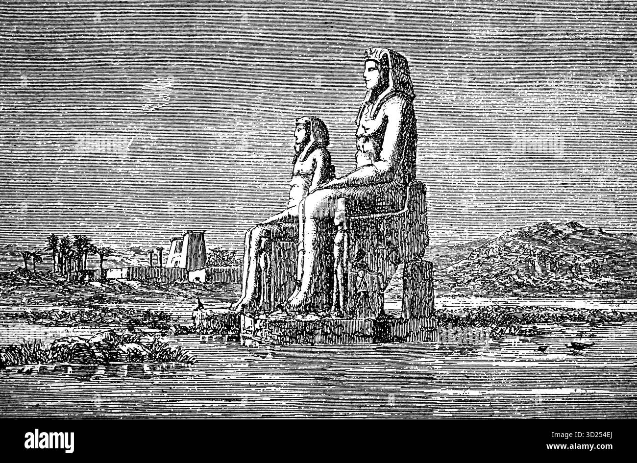 Statuen der Memnonkolosse und der Ruine des Totentempels von Amenhotep III., 14. Jahrhundert v. Chr., historische Illustration 1900 Stockfoto