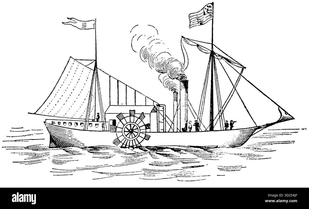 Das erste Dampfschiff des britischen amerikanischen Ingenieurs Robert Fulton, historische Illustration 1900 Stockfoto