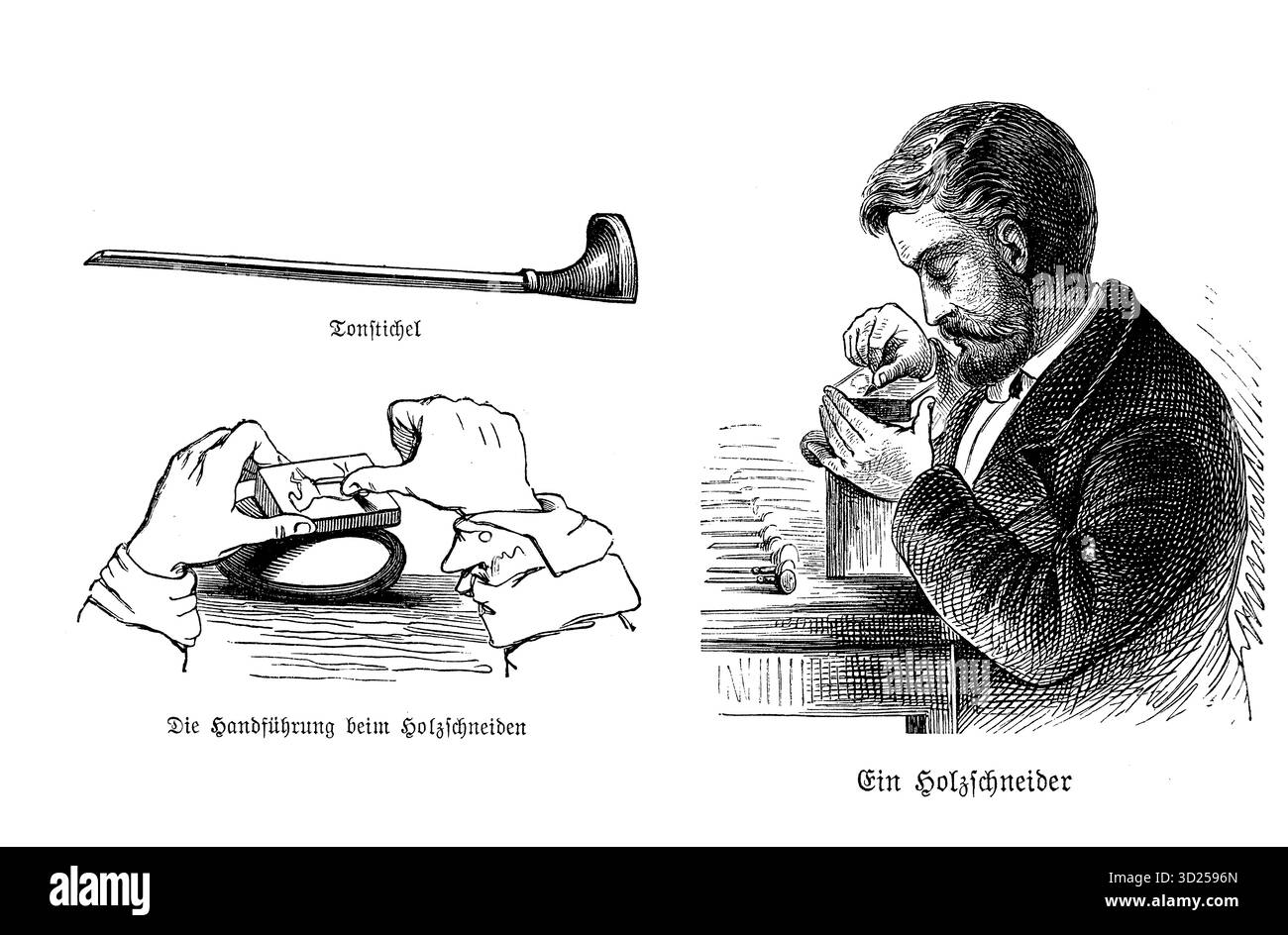 Drei detaillierte Studien: Die Gravurwerkzeuge, die präzise Hand, die den Schnitt führt, und der Handwerker selbst – eine Hommage an die feine Handwerkskunst hinter jedem Holzschnitt. Stockfoto