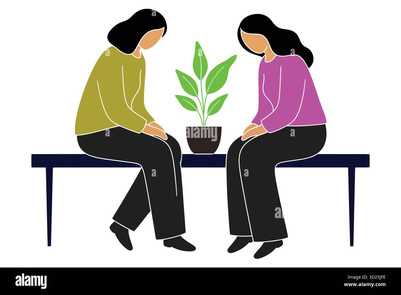 Zwei Frauen sitzen auf einer Bank mit einer Pflanze in der Mitte in einer minimalistischen Zeichnung im Illustrationsstil Stock Vektor