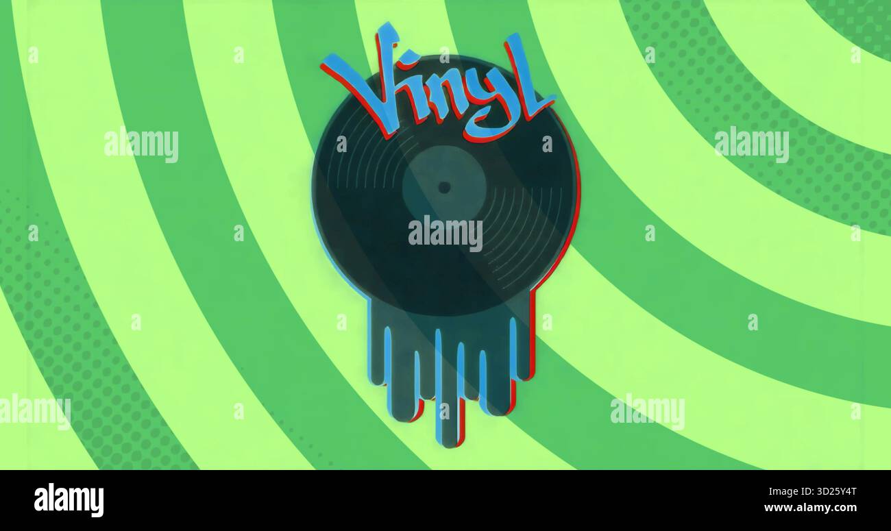 Zeigt stilisierte schwarze Schallplatte, die in Tropfen verschmilzt, auf digitalem Poster mit Retro-Vinyltext Stockfoto