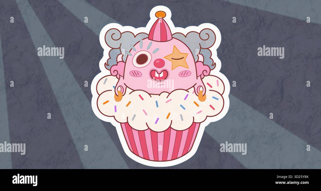 Posiert Cartoon Cupcake mit Clowngesicht vor Bühnenhintergrund, mit Streuseln, Partyhut und Augenklappe Stockfoto