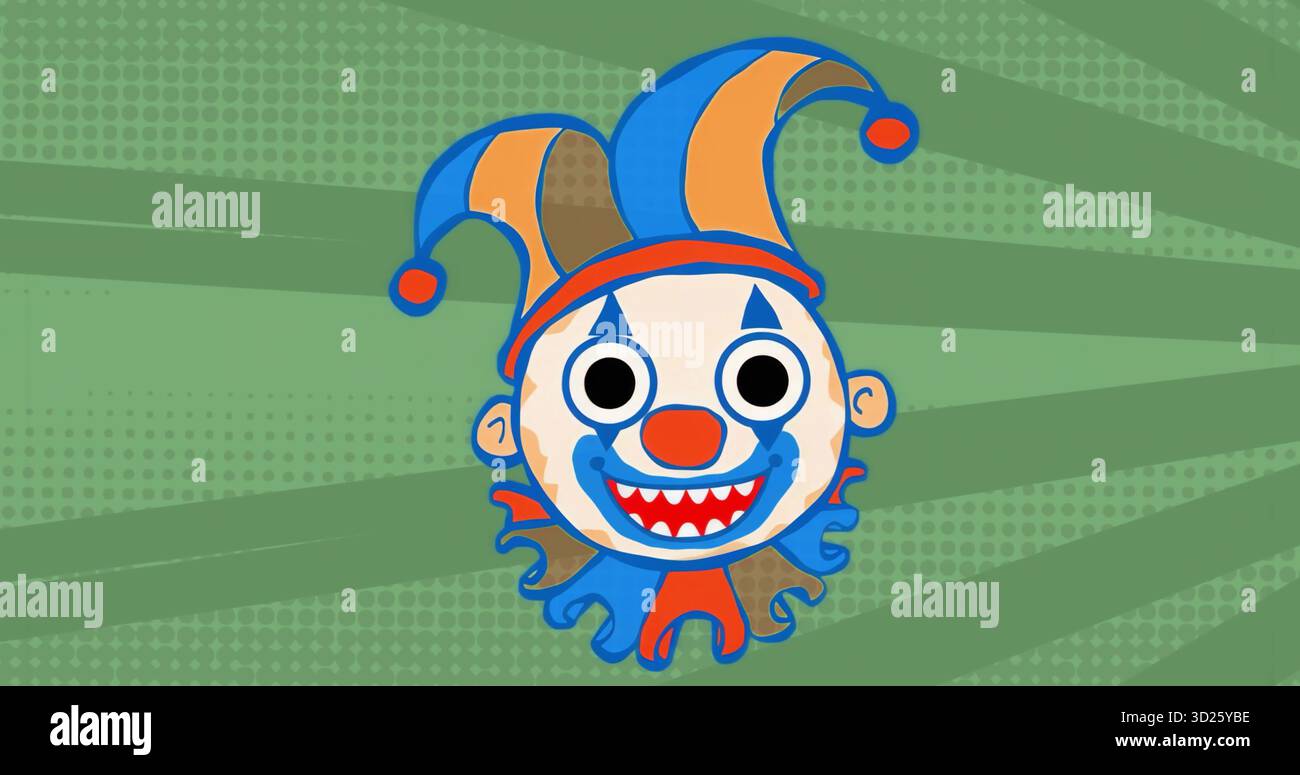 Zeigt einen Clownkopf in Comic mit Narrenhut in grünem Radialhintergrund, gerüschtem Kragen und Pompons Stockfoto