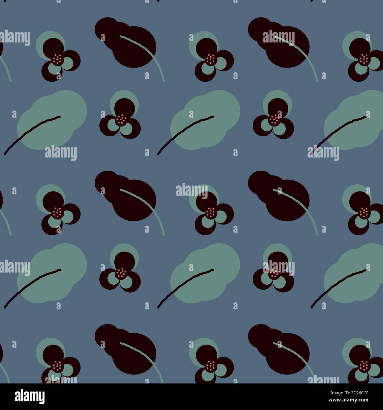 Nahtlos von Boho-Blättern und Blume auf dunkelblauem Hintergrund Stockfoto