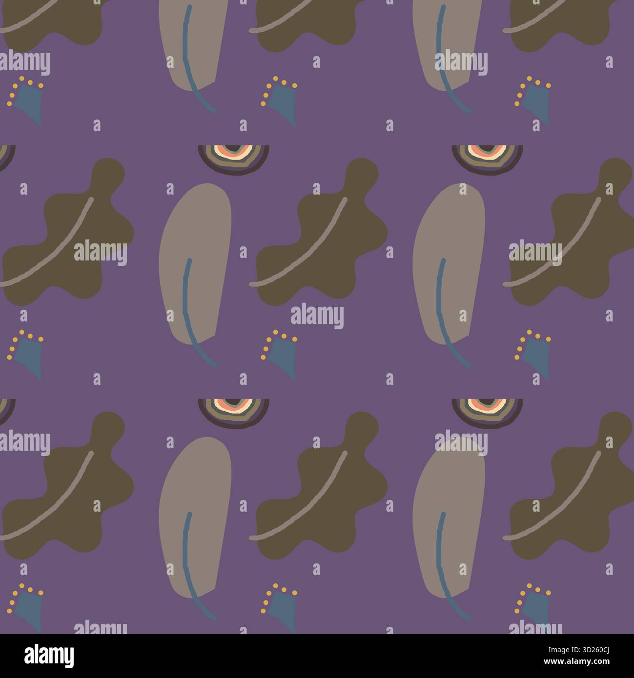 Nahtlos aus Boho-Blättern auf violettem Hintergrund Stockfoto