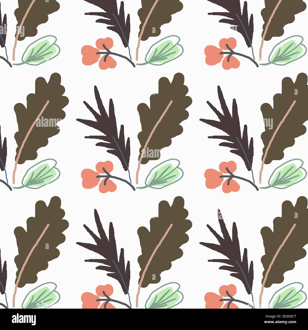 Nahtlos aus Boho-Blättern auf weißem Hintergrund Stockfoto