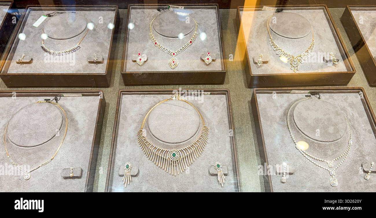 Diamant-Halskette und Ohrringe werden in Samttabletts ausgestellt Stockfoto