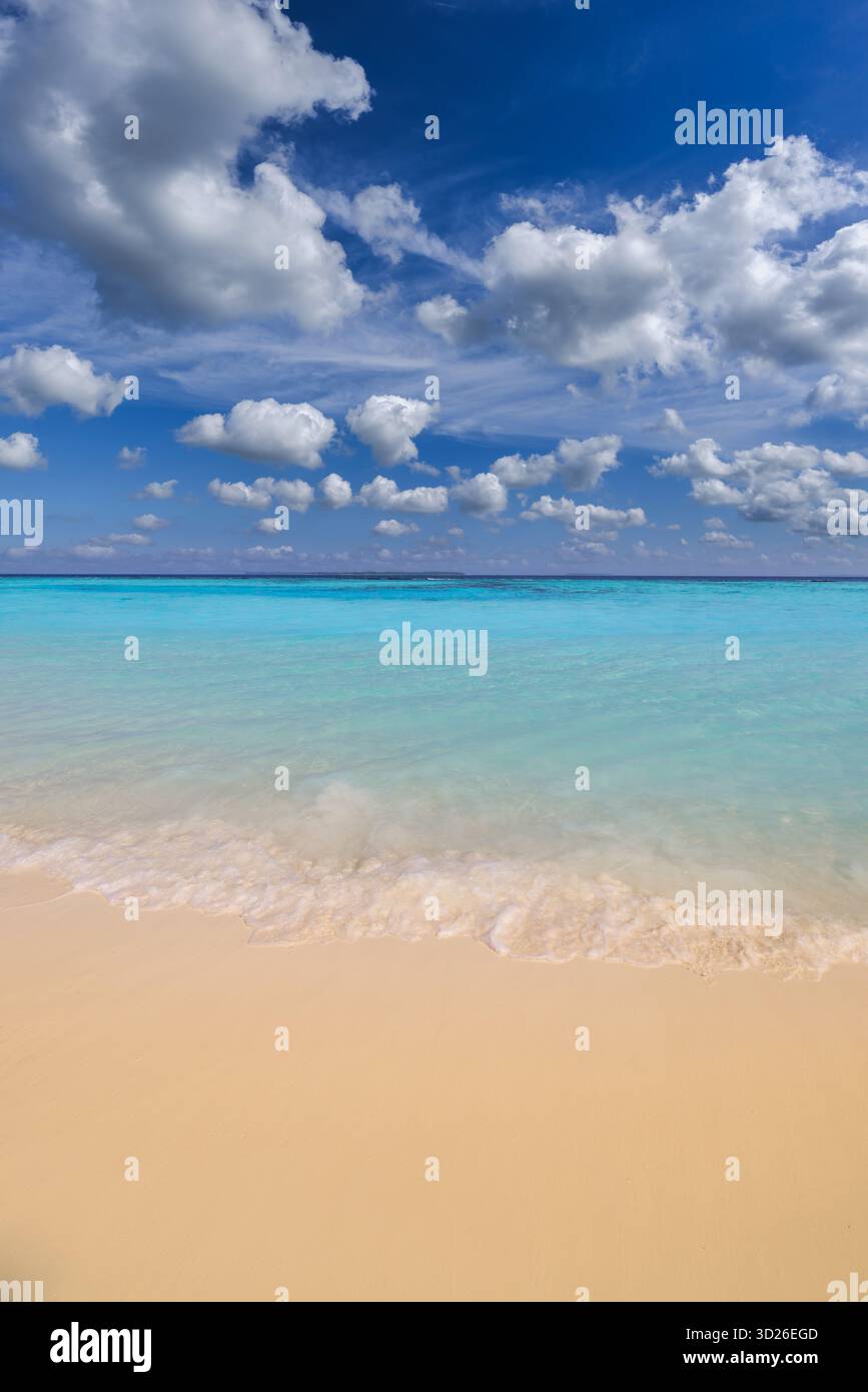 Entspannender goldener Sandstrand mit friedlichen Wellen, sonnigem Ozeanhorizont, inspirierender Sommer-Natur-Hintergrund Stockfoto