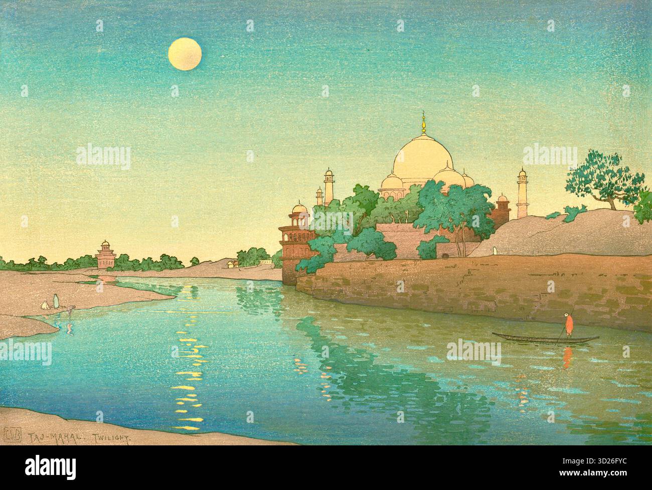 Charles William Bartlett - Taj Mahal - Dämmerung - das Kunstwerk zeigt den Taj Mahal Komplex in der Dämmerung, von einem Gewässer aus gesehen, wahrscheinlich vom Yamuna River. Das Hauptmausoleum und seine Minarette sind am anderen Ufer sichtbar, umgeben von Bäumen und einer Steinmauer. Im Vordergrund reflektiert der Fluss das sanfte Licht eines großen, hellen Mondes oder der Sonne am Himmel. Auf dem Wasser ist ein kleines Boot mit einer einzigen Figur zu sehen, während einige andere Figuren auf dem Sandufer links zu sehen sind. Der Druck hat einen unverwechselbaren Stil mit strukturierten, mehrlagigen Farben. Stockfoto