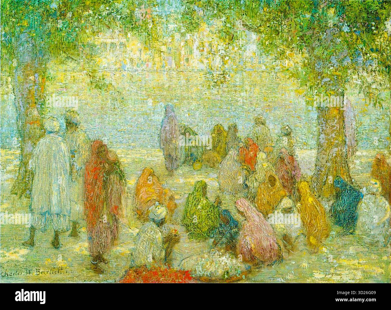 Charles William Bartlett - Amritsar (der See am Goldenen Tempel) - 1920 - das Kunstwerk zeigt eine Gruppe von Menschen, die sich in einer lebendigen, sonnendurchfluteten Outdoor-Szene versammelt haben, möglicherweise in der Nähe eines Wassers. Das Gemälde zeichnet sich durch seinen impressionistischen Stil aus, mit sichtbaren Pinselstrichen und einem Fokus auf Licht und Farbe. Die Szene spielt unter einem Baldachin aus Bäumen, mit Figuren in bunten Gewändern, und die allgemeine Atmosphäre ist ruhig. Das Originalkunstwerk befindet sich in der Honolulu Academy of Arts. Stockfoto