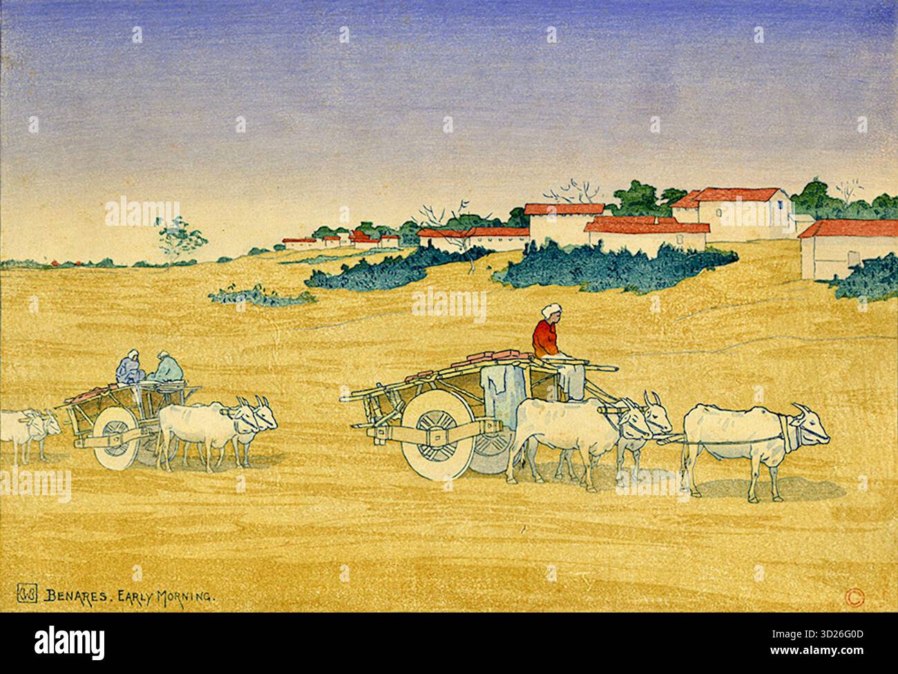 Charles William Bartlett 0 Benares - Early Morning - 1919 - das Kunstwerk zeigt: Eine Landschaft mit einem breiten, flachen, ockerfarbenen Feld unter einem blassblauen Himmel. Im Vordergrund sind zwei Männer mit Stierkarren zu sehen. Ein Mann sitzt auf einem Wagen, der von zwei weißen Stieren gezogen wird, während ein anderer hinter einem zweiten Wagen läuft, der ebenfalls von zwei Stieren gezogen wird. Im Hintergrund befindet sich ein Dorf mit mehreren einfachen, weißen und roten Häusern. Der Druck verwendet eine zarte Farbpalette mit Blau-, Grün-, Sand-Gelb- und Orange-Tönen. Stockfoto