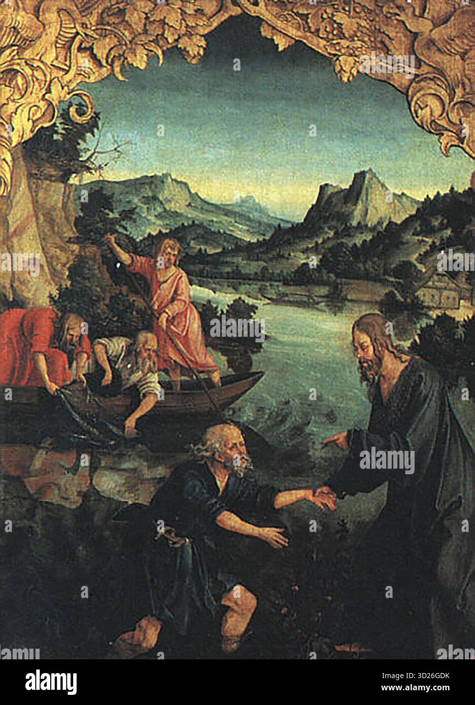 Die Berufung des heiligen Petrus ist ein Gemälde in den Uffizien, das den Moment darstellt, als Christus Peter und Andreas ruft, ihm zu folgen. Vor einer ruhigen Landschaft fängt die Szene das spirituelle Erwachen und die Demut der Fischer ein. Die ausgewogene Komposition, die leuchtende Atmosphäre und die naturalistischen Details spiegeln die ideale der italienischen Renaissance wider und betonen sowohl die göttliche Anmut als auch die menschliche Antwort. Stockfoto