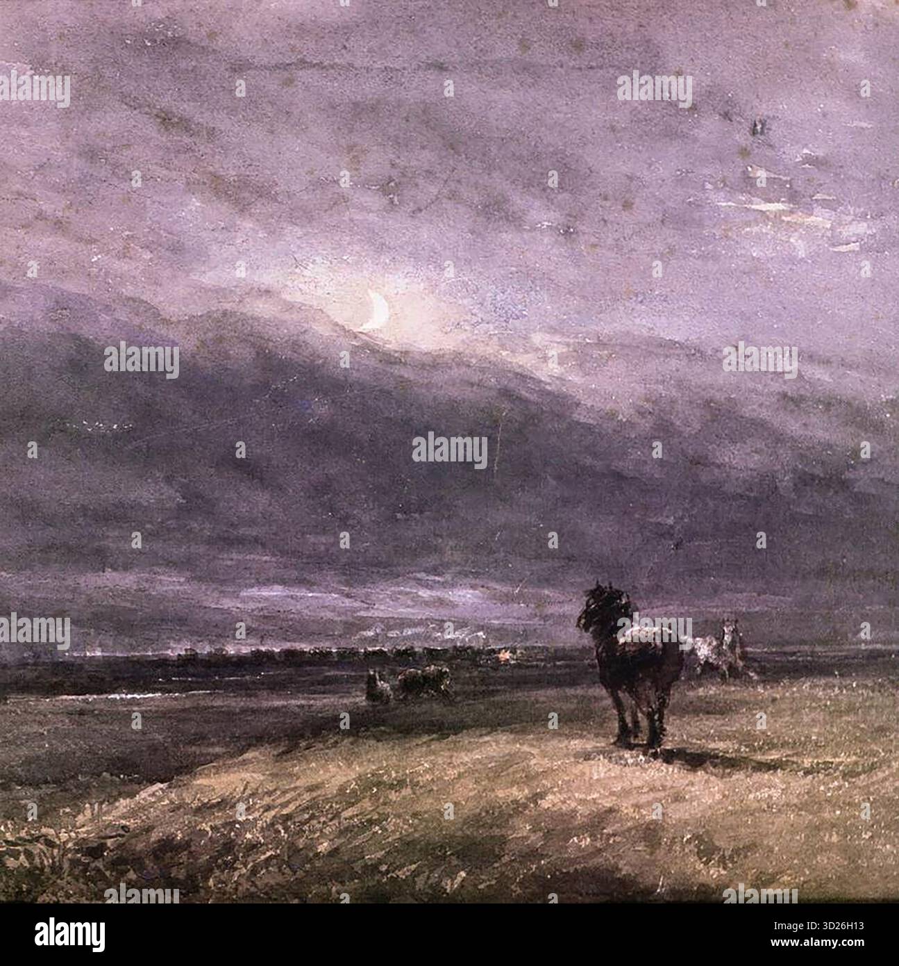 COX, David (* 1783, Birmingham, d. 1859, Harbourne) The Night Train c. 1849 Watercolor, 280 x 380 mm City Art Gallery, Birmingham David Cox war einer der führenden Landschaftsmaler des 19. Jahrhunderts. Er hatte eine tiefe Zuneigung für Wales. In seiner späteren Karriere schuf er viele Gemälde der walisischen Landschaft. --- Schlüsselwörter: ----------------- Autor: COX, David Titel: Der Nachtzug Zeitlinie: 1801-1850 Schule: Englisch Form: Grafik Typ: Landschaft Stockfoto