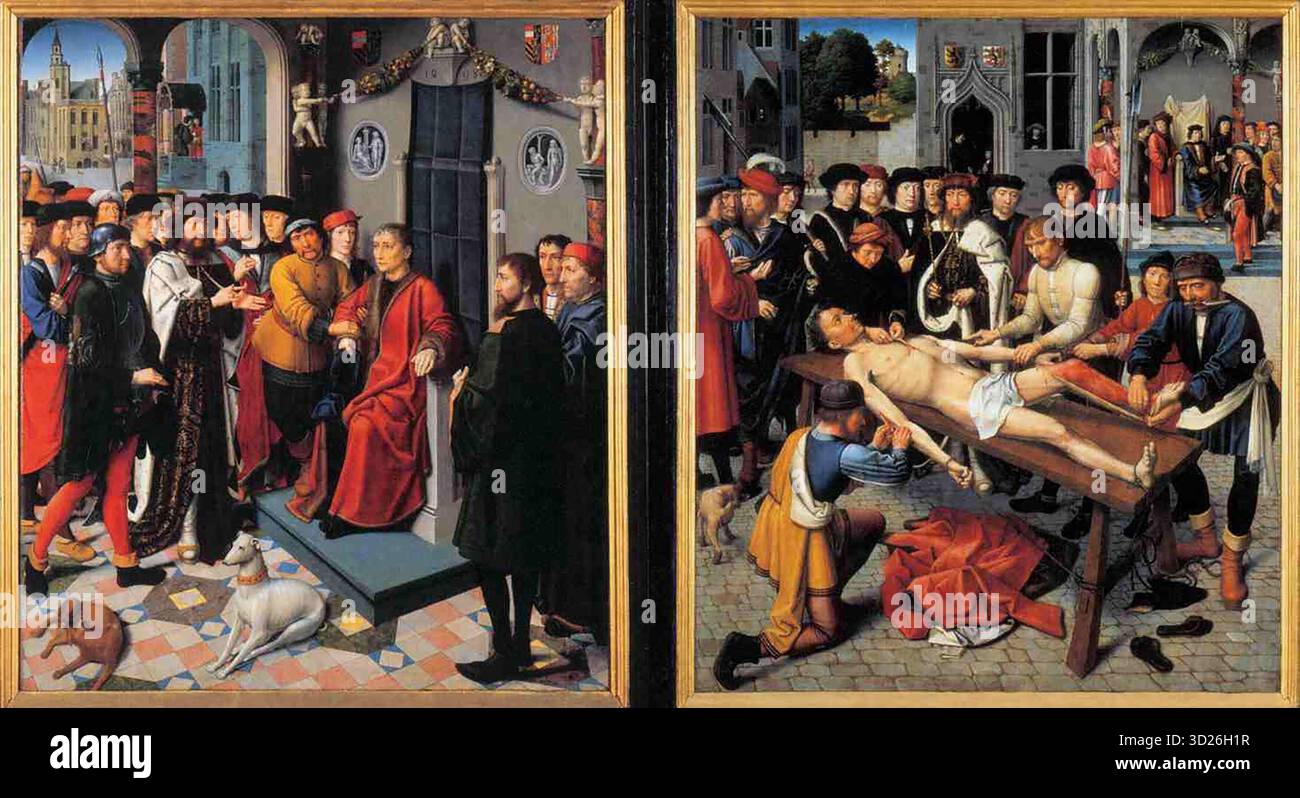 Gerard David (ca. 1450/1460–1523). Das Urteil von Cambyses ist ein Öl-auf-Holz-Diptychon des frühen niederländischen Künstlers Gerard David, das die Verhaftung und das Fliegen des korrupten persischen Richters Sisamnes auf Befehl von Cambyses darstellt.[3] das Diptychon wurde 1487/1488 von den Stadtbehörden von Brügge in Auftrag gegeben, die eine Reihe von Tafeln für das Zimmer des stellvertretenden Burgomasters im Rathaus in Brügge anforderten Stockfoto