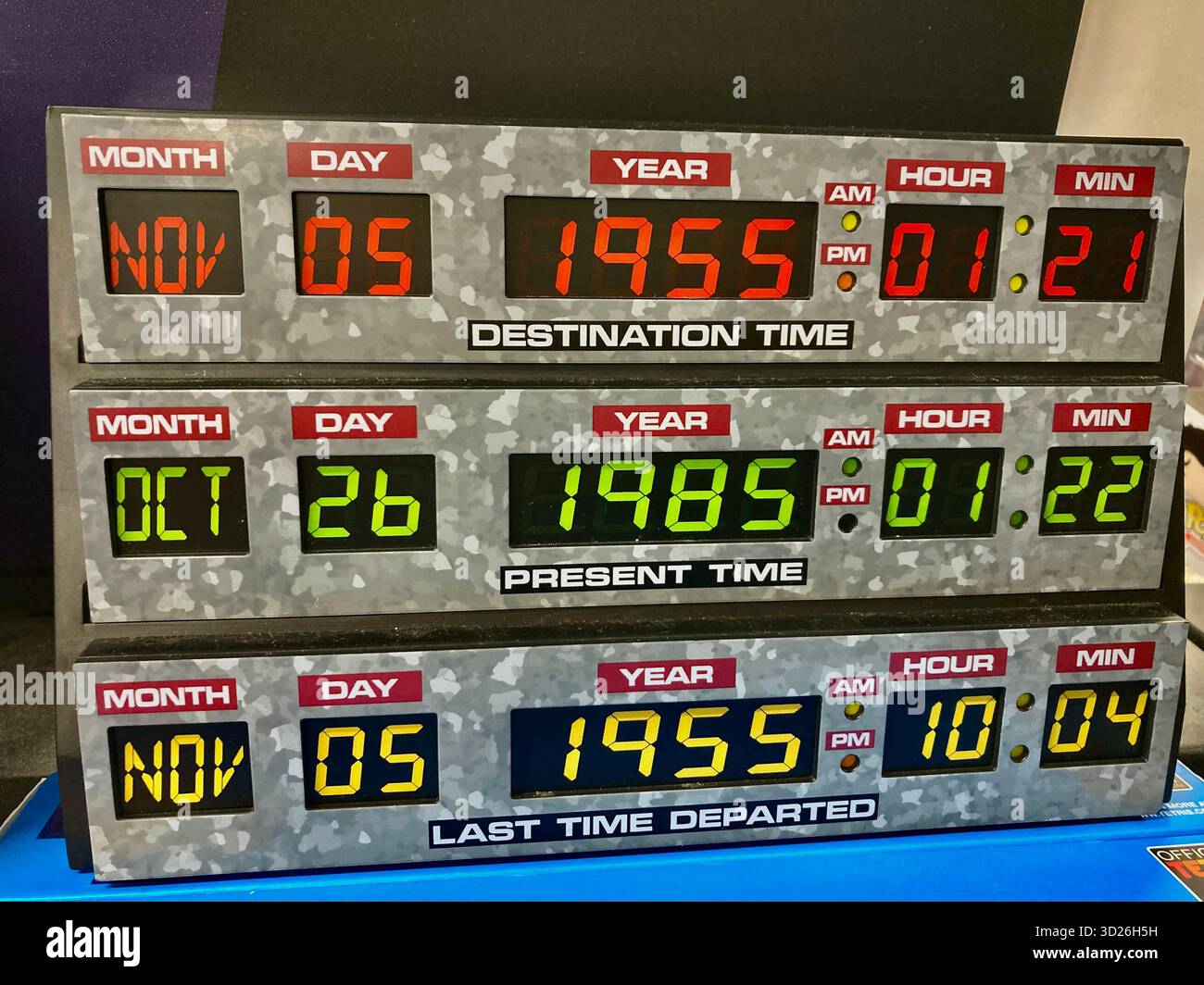 Zeitschaltungsanzeige (Replik) aus der Rückseite der zukünftigen Filmtrilogie, die auf der DeLorean Time Machine zu sehen ist Stockfoto