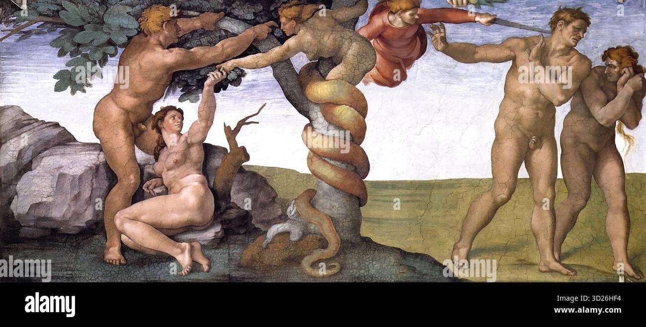 Sixtinische Kapelle, Fresko Michelangelo, Datum 1509 Verbotene Frucht Adam und Eva Stockfoto