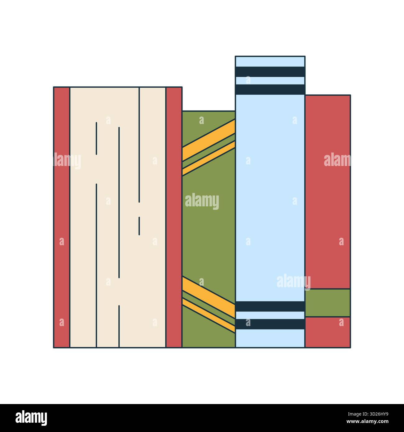 Aufrecht stehende Bücher stehen in der Reihe 2D-Comic-Objekt Stock Vektor