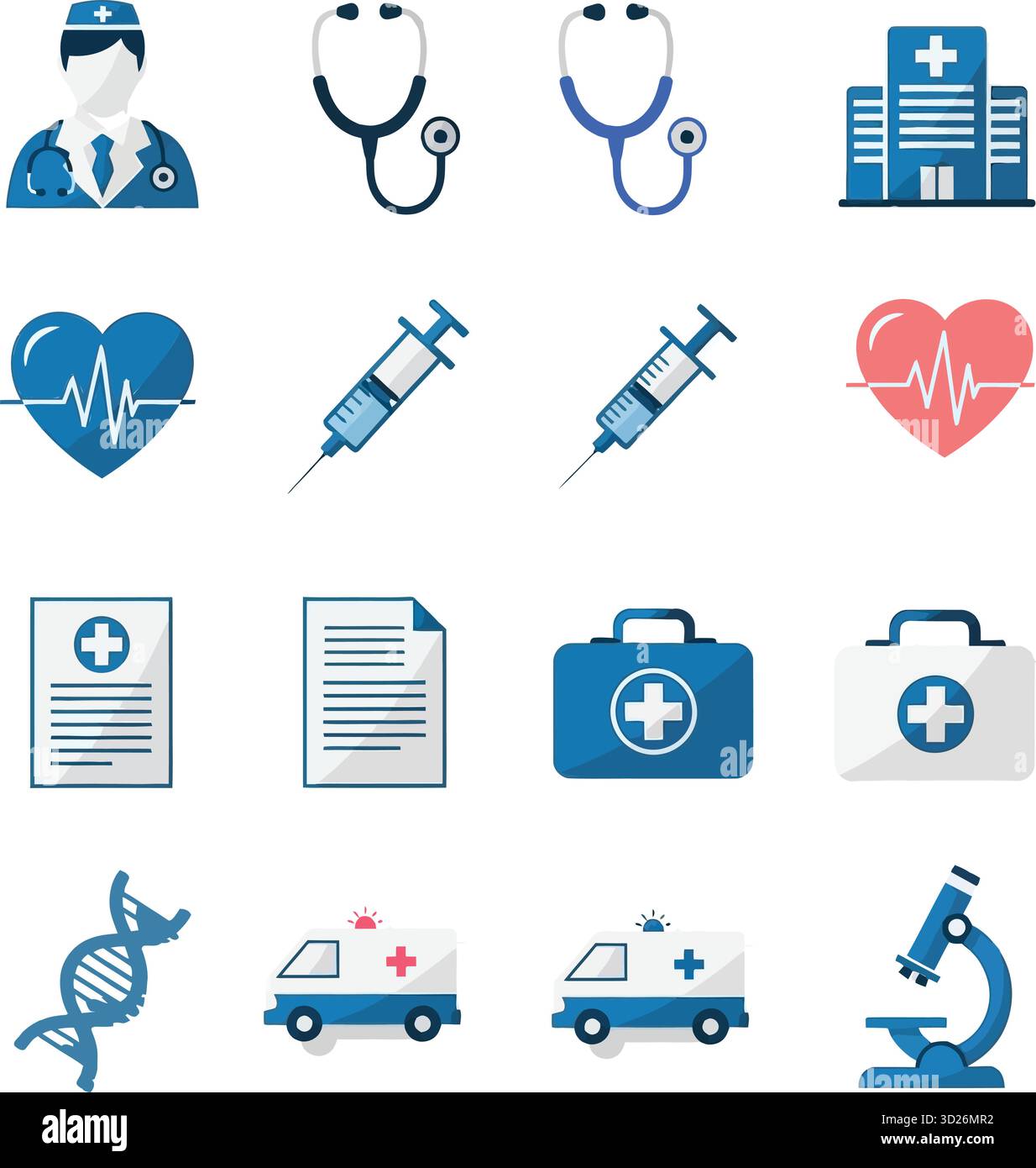 Flache Design-Symbole für Medizin und Gesundheitswesen Set. Vektorsymbole für Krankenhaus, Arzt und Gesundheitswesen. Stock Vektor