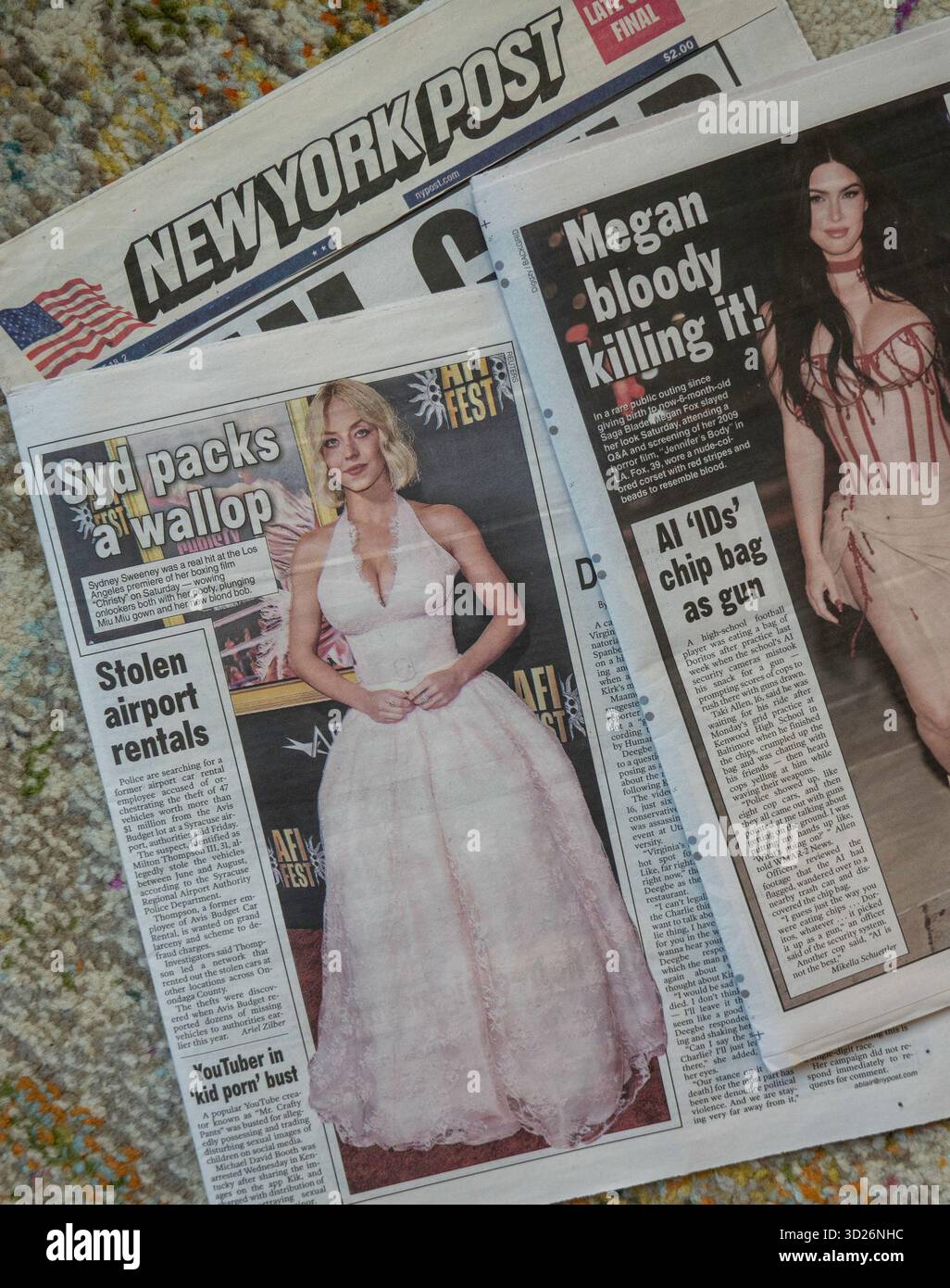 Still Life of New York Post-Berichterstattung über Sydney Sweeney, 2025, New York City, Vereinigte Staaten Stockfoto