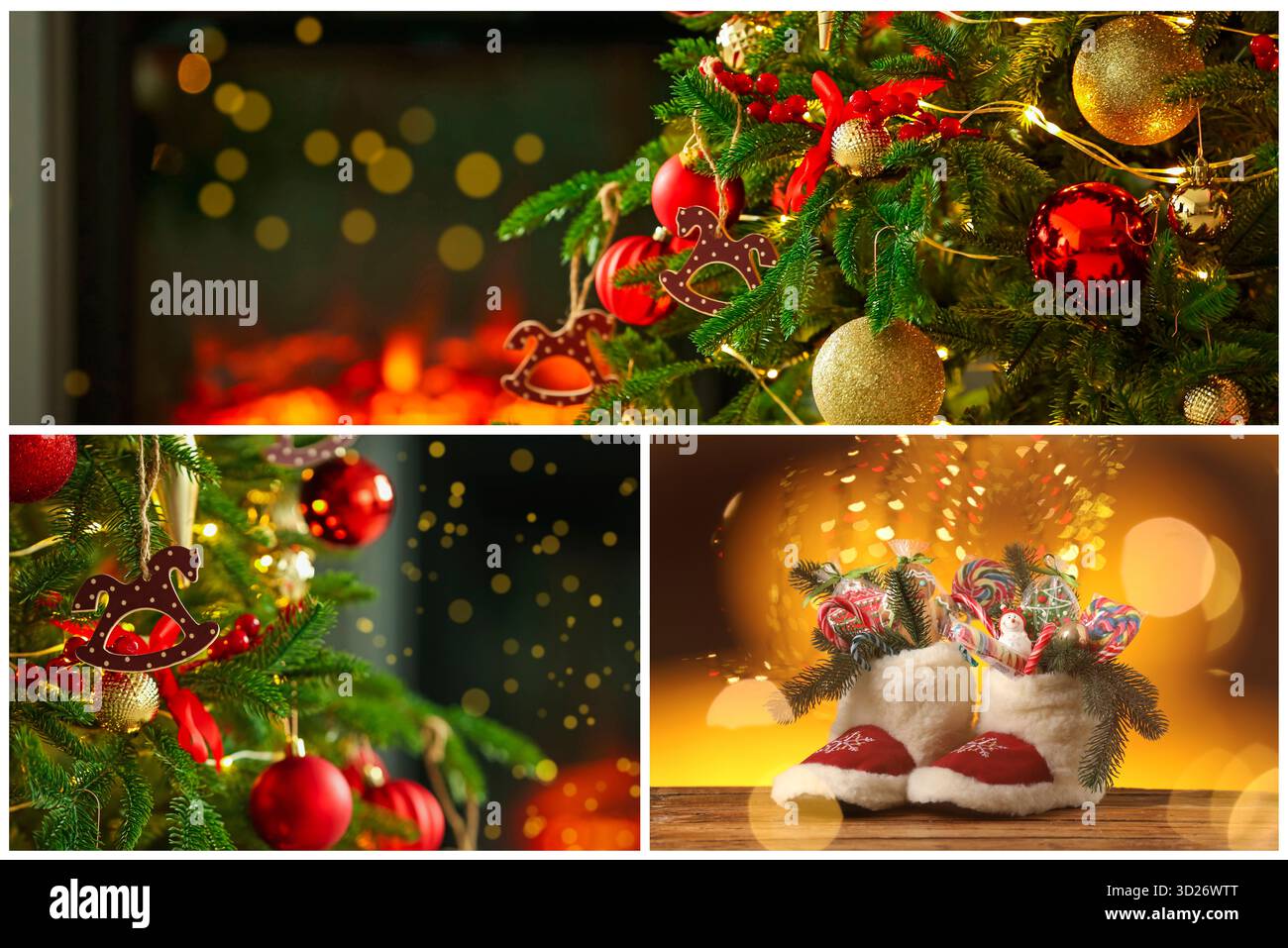 Weihnachtliche Atmosphäre, Collage. Fotos von festlich geschmückten Tannen und Stiefeln mit Leckereien Stockfoto