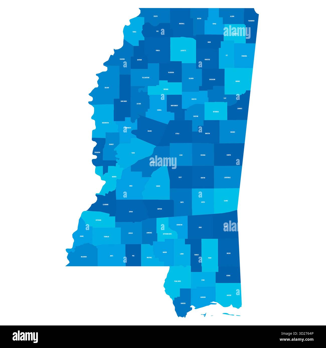Mississippi, MS - detaillierte politische Karte des US-Bundesstaates. Administrative Karte unterteilt in Bezirke. Blaue Karte mit Kreisnamen. Vektorabbildung Stock Vektor