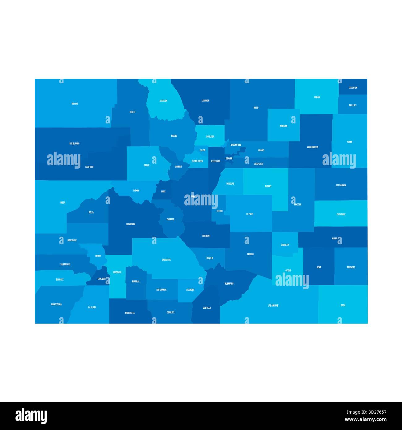 Colorado, CO – detaillierte politische Karte des US-Bundesstaates. Administrative Karte unterteilt in Bezirke. Blaue Karte mit Kreisnamen. Vektorabbildung Stock Vektor