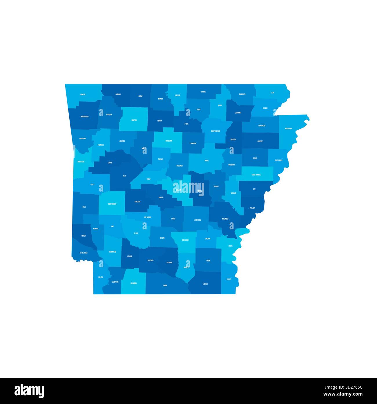 Arkansas, AR - detaillierte politische Karte des US-Bundesstaates. Administrative Karte unterteilt in Bezirke. Blaue Karte mit Kreisnamen. Vektorabbildung Stock Vektor