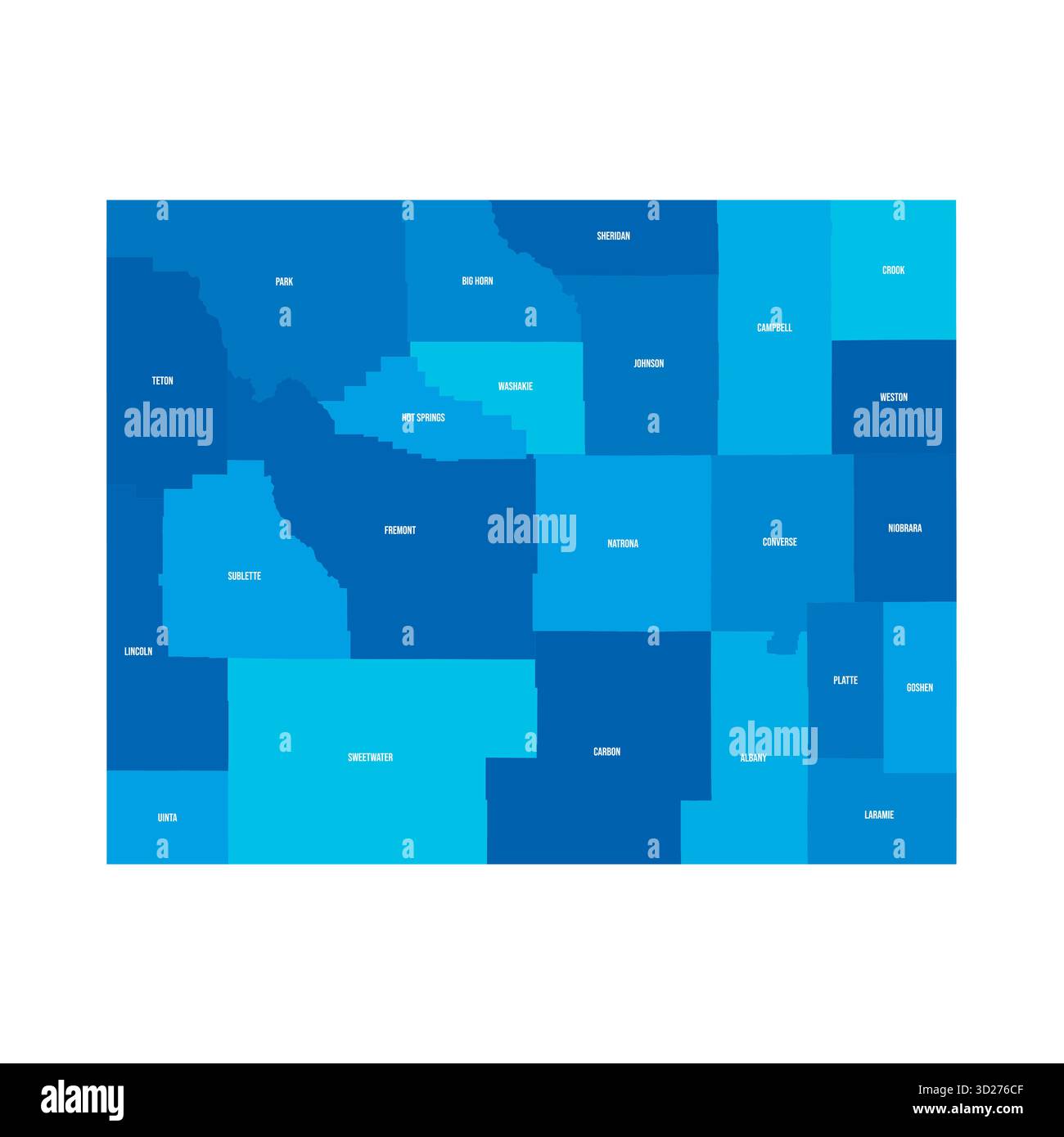 Wyoming, WY – detaillierte politische Karte des US-Bundesstaates. Administrative Karte unterteilt in Bezirke. Blaue Karte mit Kreisnamen. Vektorabbildung Stock Vektor