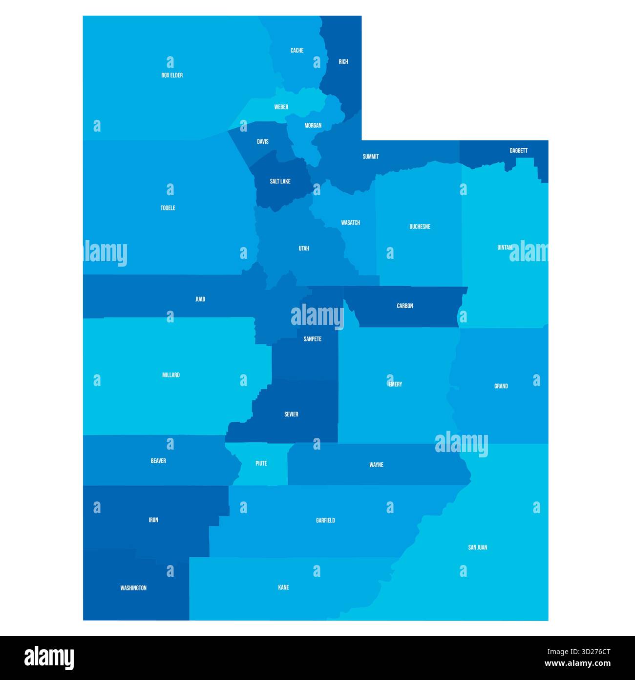 Utah, UT - detaillierte politische Karte des US-Bundesstaates. Administrative Karte unterteilt in Bezirke. Blaue Karte mit Kreisnamen. Vektorabbildung Stock Vektor