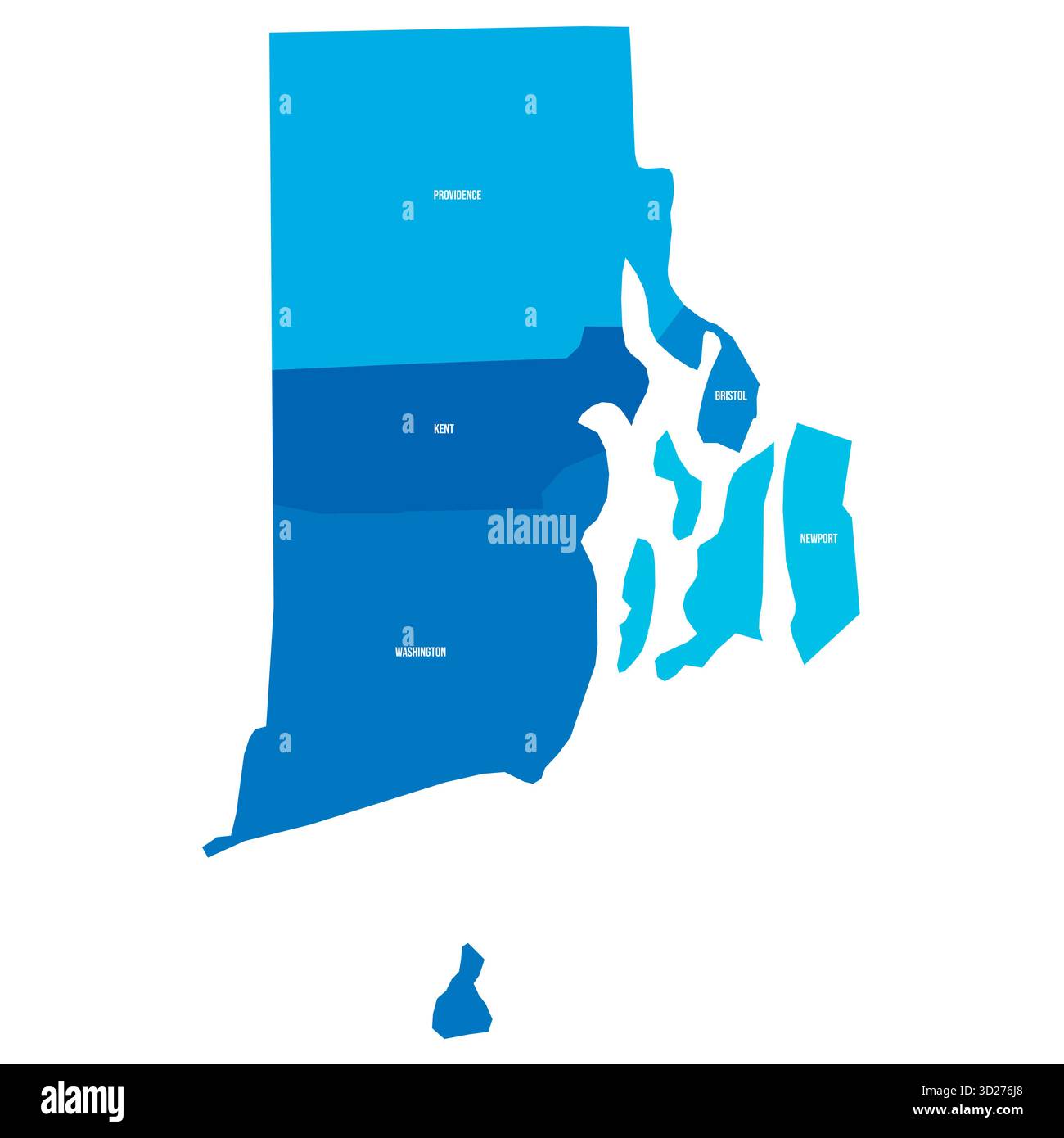 Rhode Island, RI – detaillierte politische Karte des US-Bundesstaates. Administrative Karte unterteilt in Bezirke. Blaue Karte mit Kreisnamen. Vektorabbildung Stock Vektor