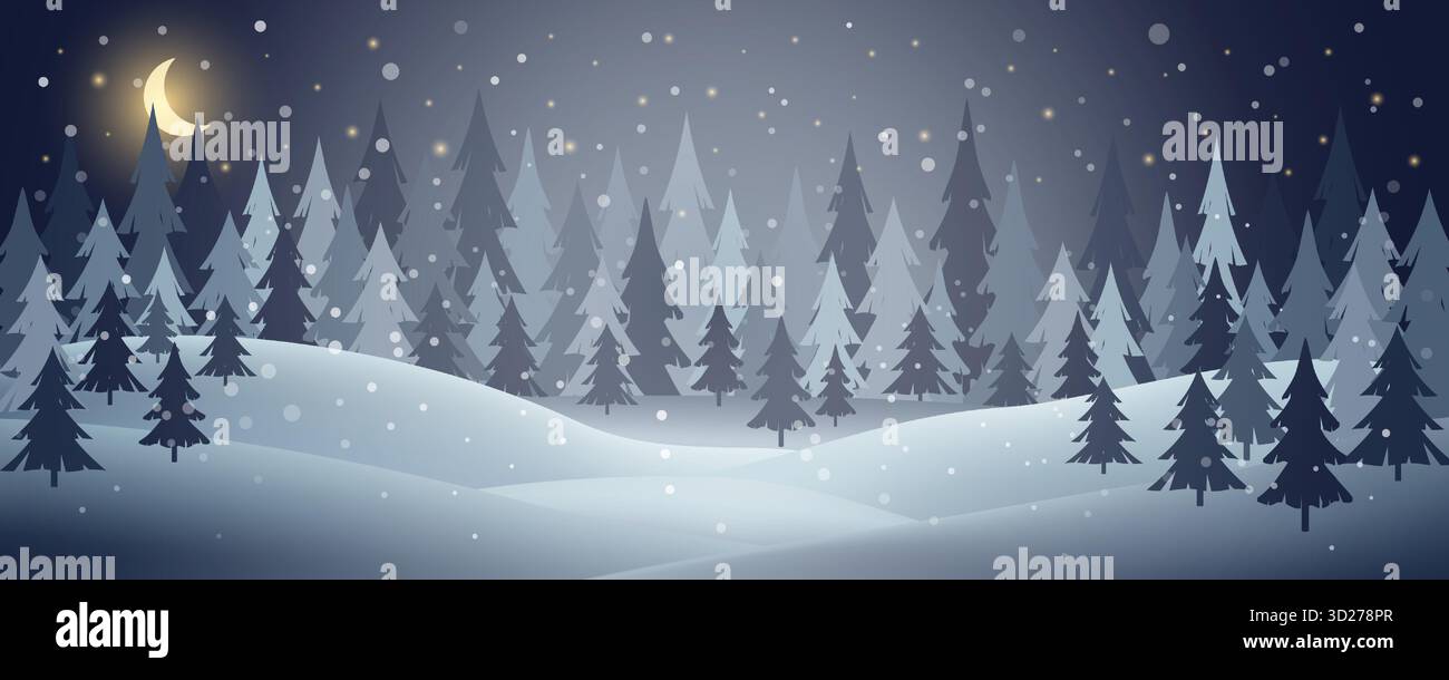 Winternächtliche Waldlandschaft mit Kiefern und Mondsichel. Verschneite Waldszene mit fallendem Schnee für Weihnachten und Neujahrsfeiertage Stock Vektor