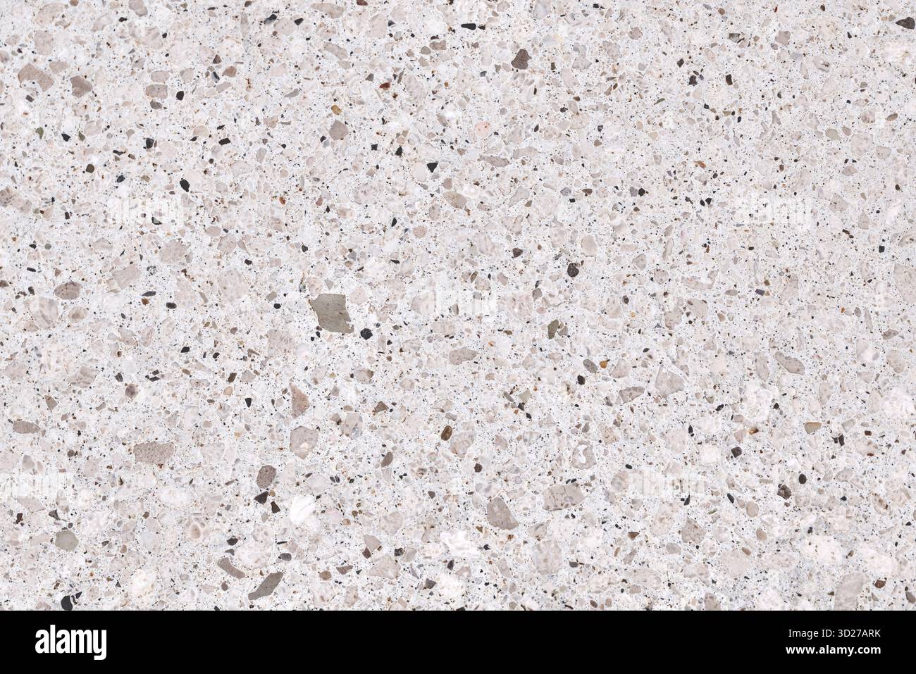 Hochauflösende Textur einer grauen und weißen Quarzsteinoberfläche. Nahaufnahme. Ideal als Hintergrund für Design-, Bau- und Luxusthemen. Stockfoto