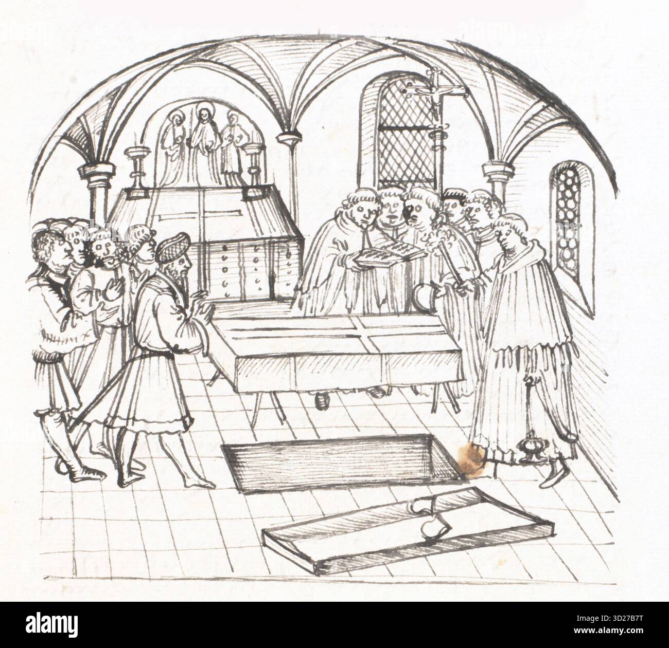 Geistliche führen ein Begräbnis in einer Kathedrale durch, isoliert von der Eidgenössischen Chronik von Werner Schodoler (1490–1541), einer Schweizer Chronik des Spätmittelalters. Stockfoto