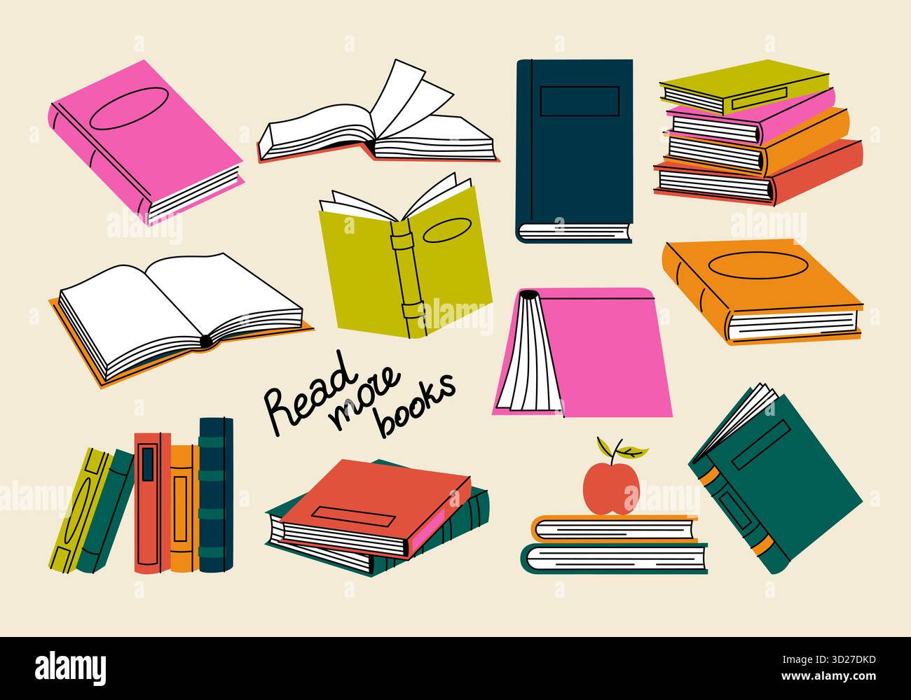 Eine Reihe verschiedener Buchpositionen in bunten Cartoon-Covern. Lesen Sie mehr Bücher. Offene und geschlossene Bücher, Stapel Bücher. Kollektion für Buchliebhaber. Stockfoto