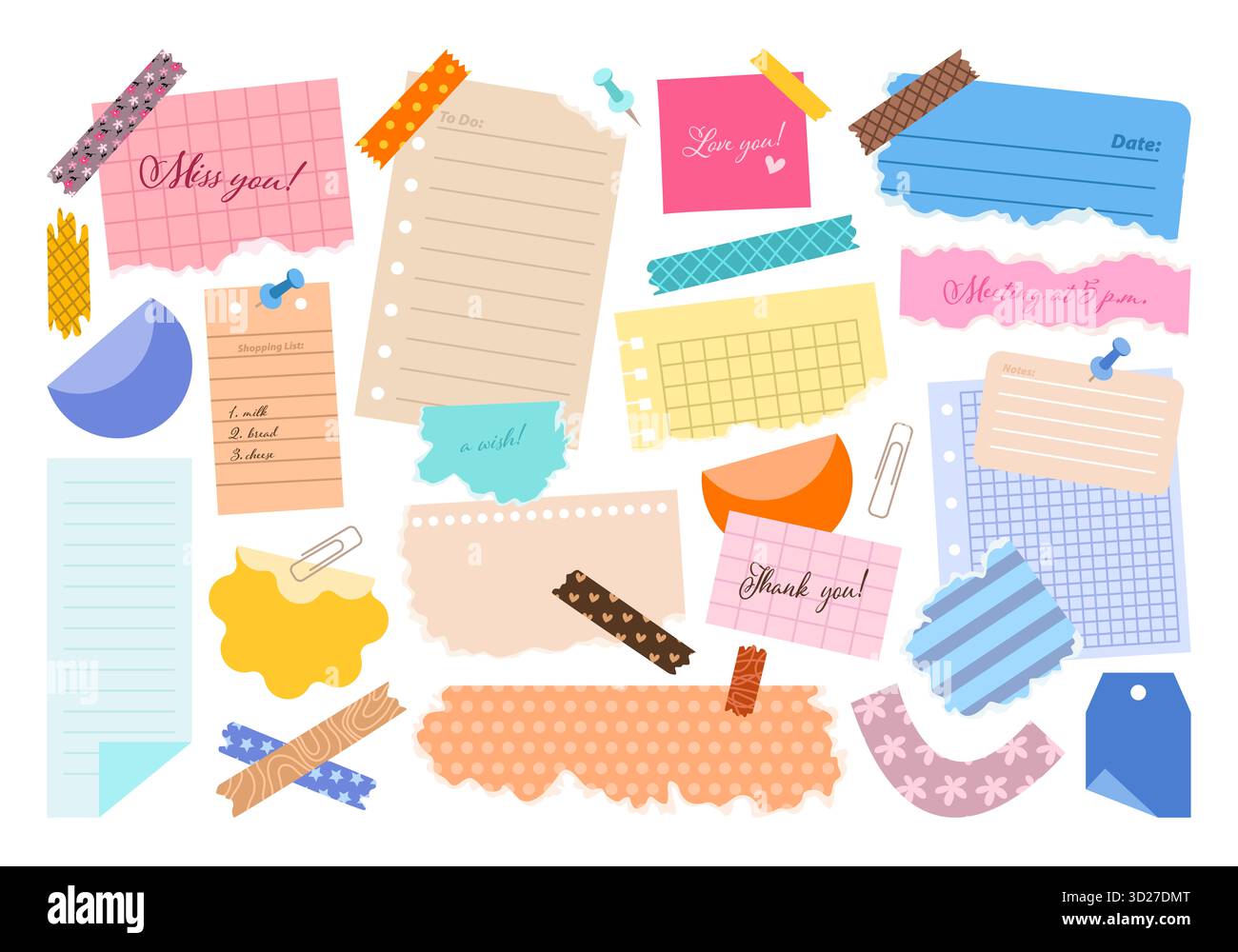 Set mit Aufklebern und Notizpapieren. Farbige Papierreste, Teile von Blättern, Büroklammern, Knöpfe, Klebstoffe für Design. Aufgabenliste, Planer, Zeitplan. Stockfoto