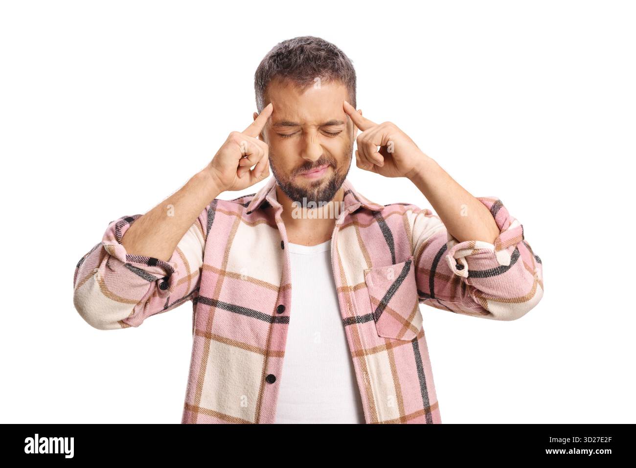 Junger Mann mit Kopfschmerzen isoliert auf weißem Hintergrund Stockfoto