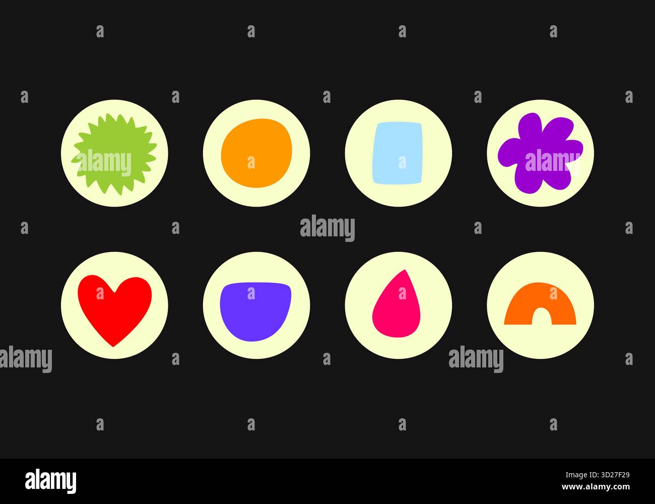 Farbenfrohe Set von Highlight Covers. Abstrahieren Sie verschiedene Formen, geometrische Formen, Kreise, einfache Objekte, Kritzeleien. Runde Symbole für Geschichten aus sozialen Medien. Stockfoto