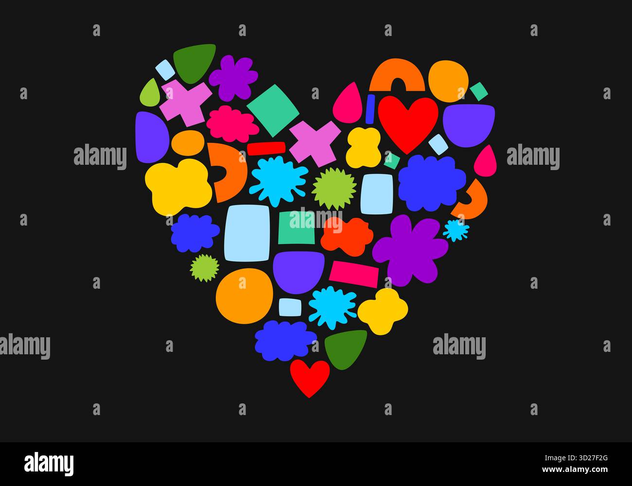 Handgezeichnete Herzform aus einem Satz flacher abstrakter, farbenfroher, geometrischer Formen, Kreise, Flecken und einfachen Objekten. Valentinstag, Liebe, Romantik. Stockfoto