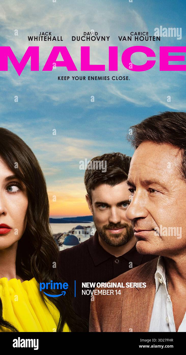 Malaice (2025) TV-Serie von James Wood mit David Duchovny, Carice van Houten und Jack Whitehall. Ein Psychothriller über ein männliches Kindermädchen, das eine reiche Familie mit dunklen Motiven infiltriert. NUR FÜR REDAKTIONELLE ZWECKE des Werbeplakats. Kredit: BFA/Amazon Prime Video Stockfoto