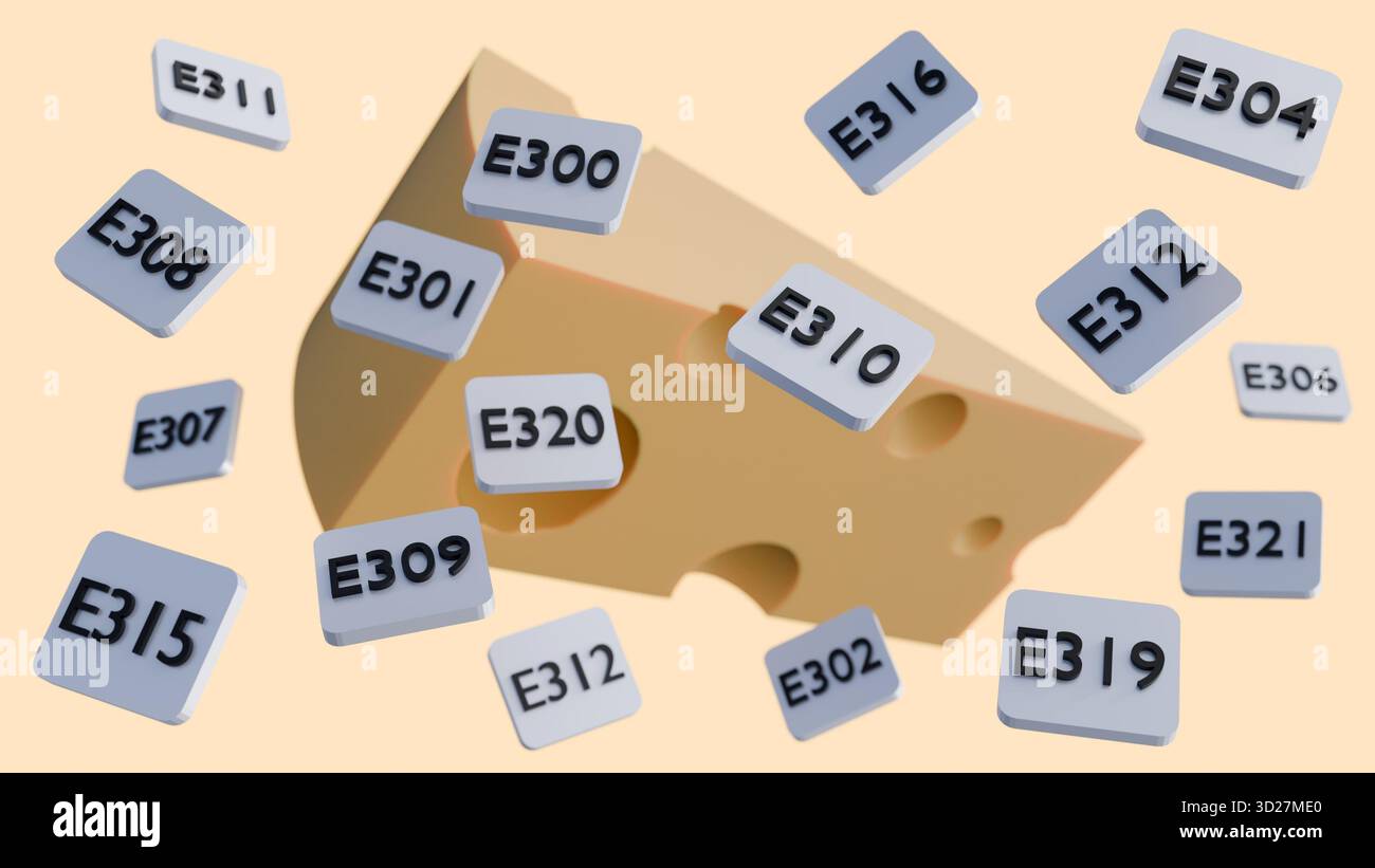 Eine 3D-Illustration von Käse, umgeben von schwimmenden und verstreuten Tabletten mit der Bezeichnung „E310“, was auf Lebensmittelzusatzstoffe hindeutet Stockfoto