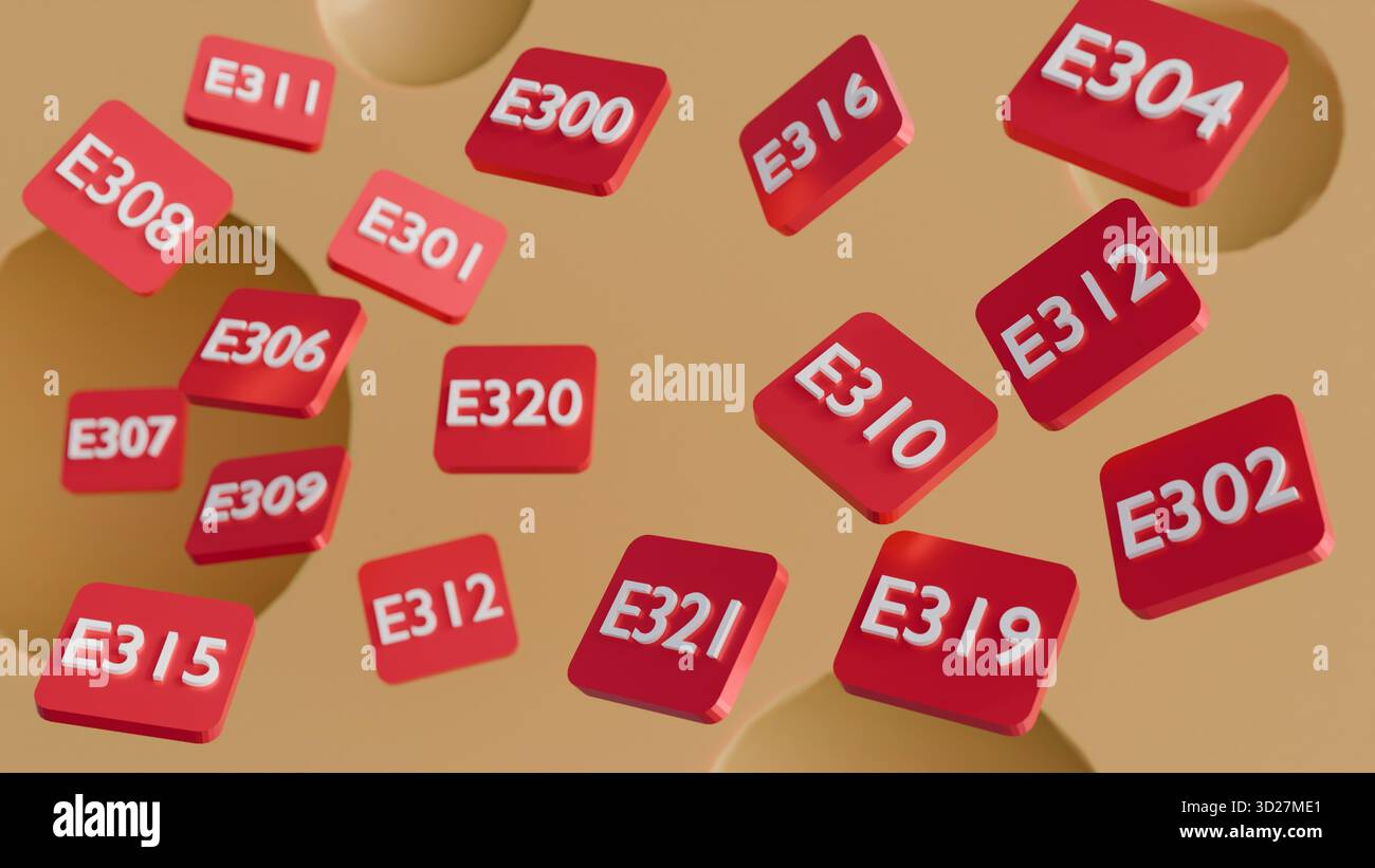 Eine 3D-Illustration von Käse, umgeben von schwimmenden und verstreuten Tabletten mit der Bezeichnung „E310“, was auf Lebensmittelzusatzstoffe hindeutet Stockfoto