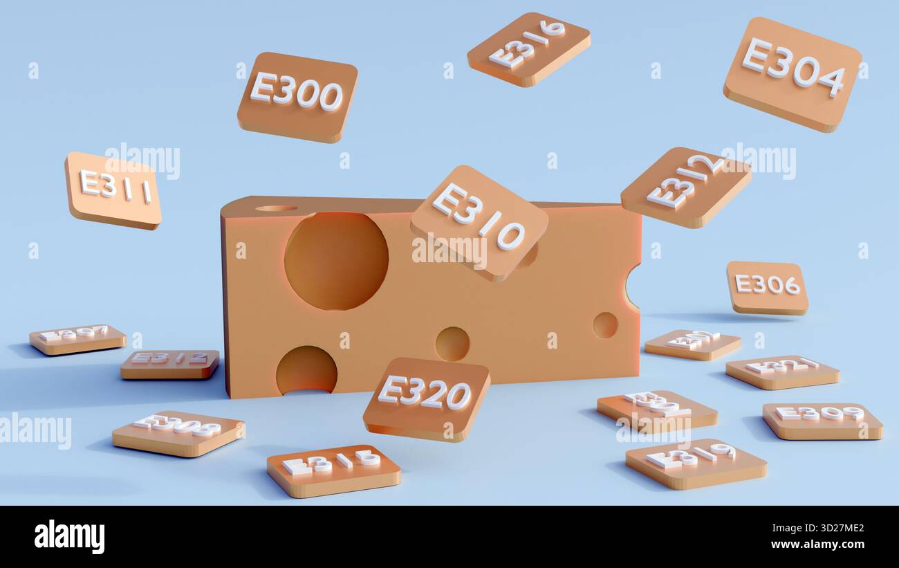 Eine 3D-Illustration von Käse, umgeben von schwimmenden und verstreuten Tabletten mit der Bezeichnung „E310“, was auf Lebensmittelzusatzstoffe hindeutet Stockfoto