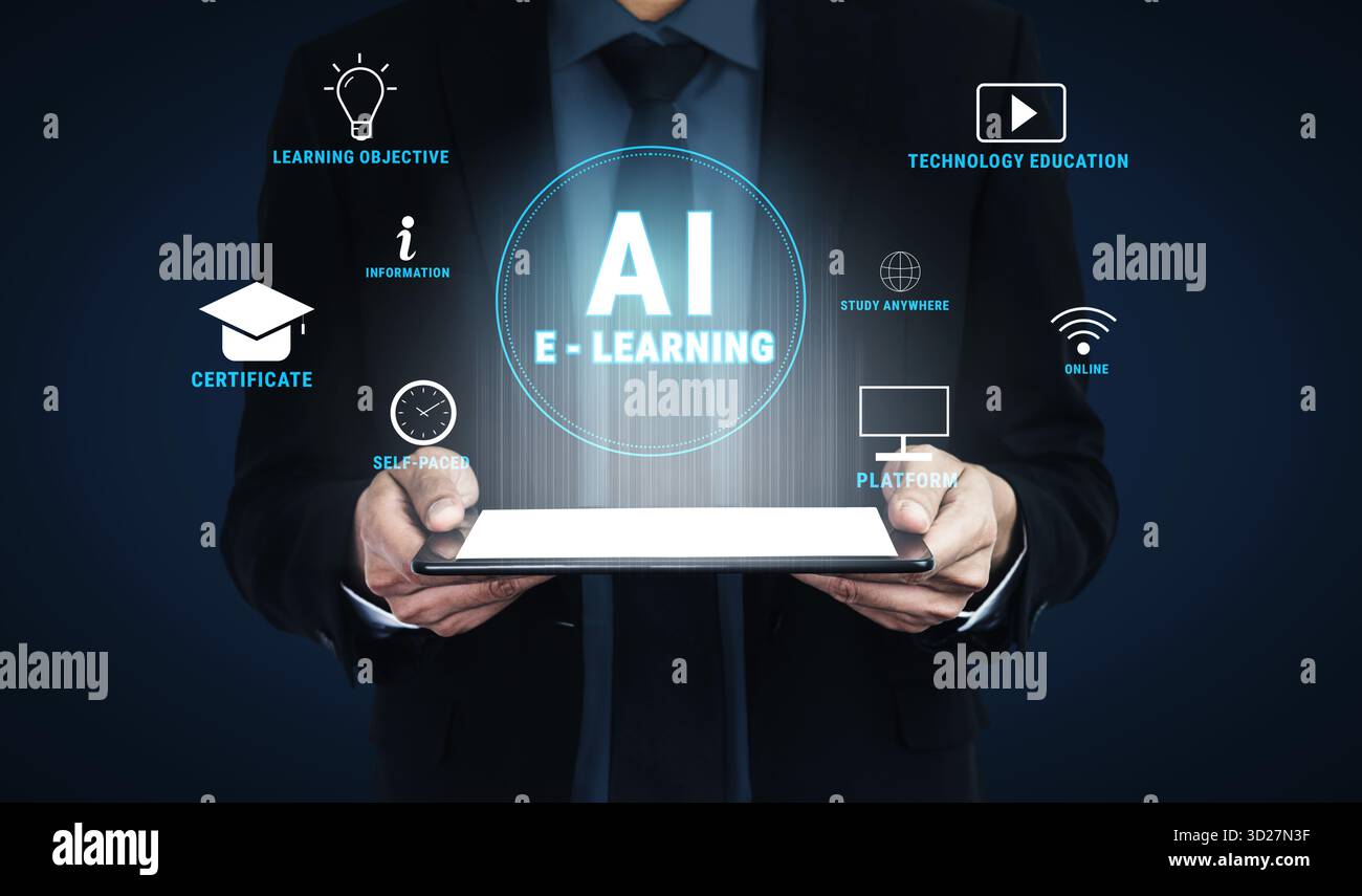 Die Rolle von KI im E-Learning für personalisierte Online-Schulungen. Eine adaptive Lernplattform mit Kursen zum Selbststudium und Technologieschulungen. Motiv Stockfoto