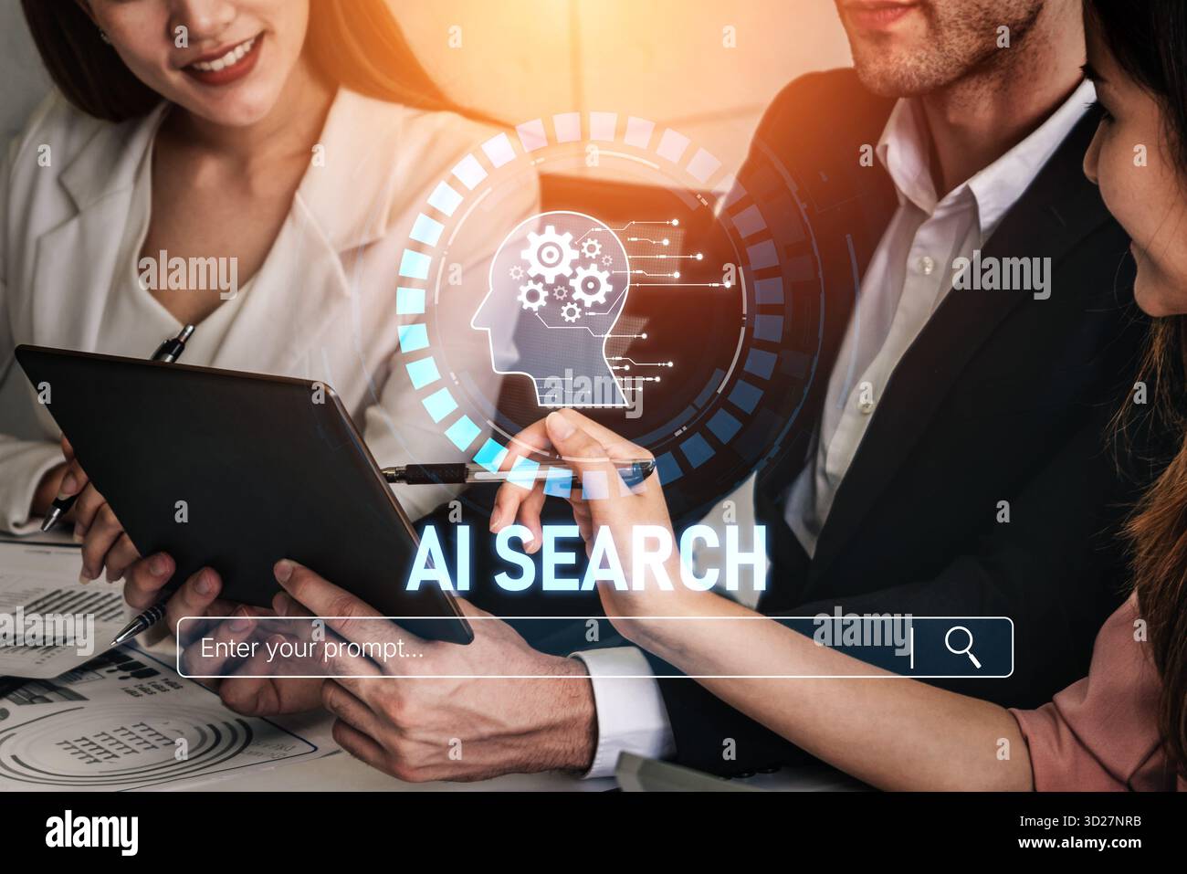 KI-Suchmaschinensysteme verbessern den SEO-Datenzugriff. Intelligente Suchmaschinen mit KI verbessern die Suchergebnisse. KI-gesteuerte Suchwerkzeuge helfen bei der Verarbeitung Stockfoto