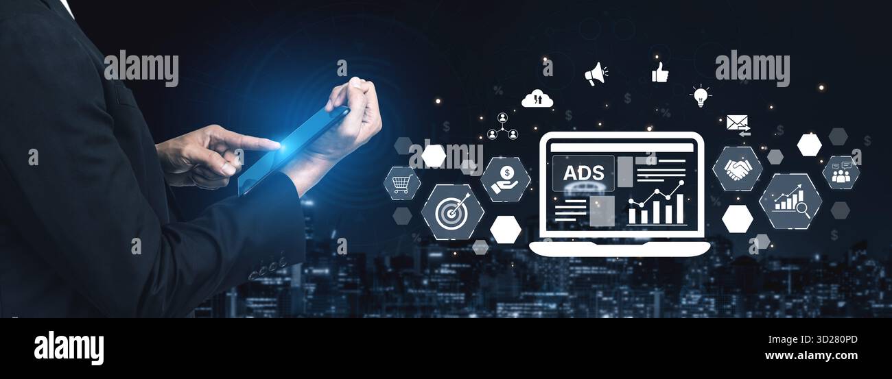 Online-Werbung und digitales Marketing helfen Marken zu wachsen. Content-Marketing fördert die emotionale Bindung. Marketingtools steigern den ROI. Effektive Werbung und Marketing fördern o Stockfoto